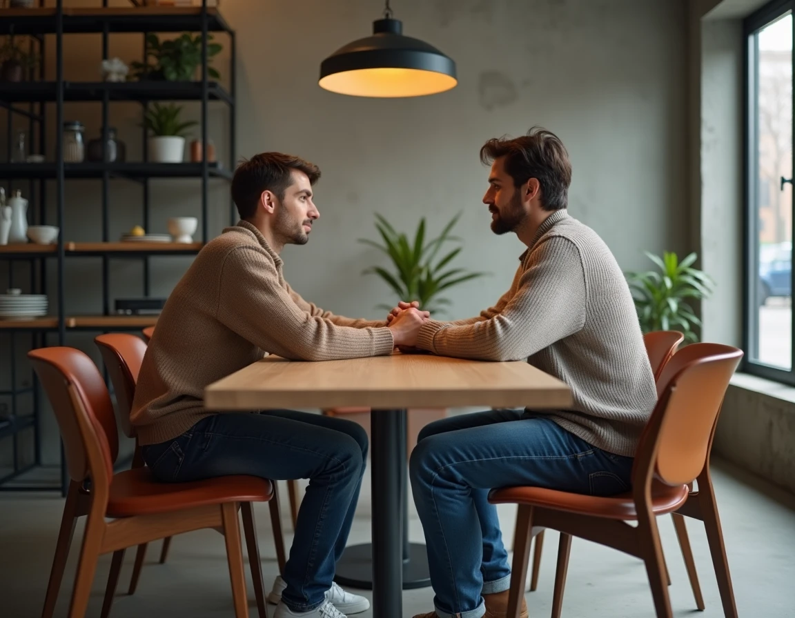 Deux personnes assises à une table à manger large illustrant la largeur des assises et l'espace entre convives