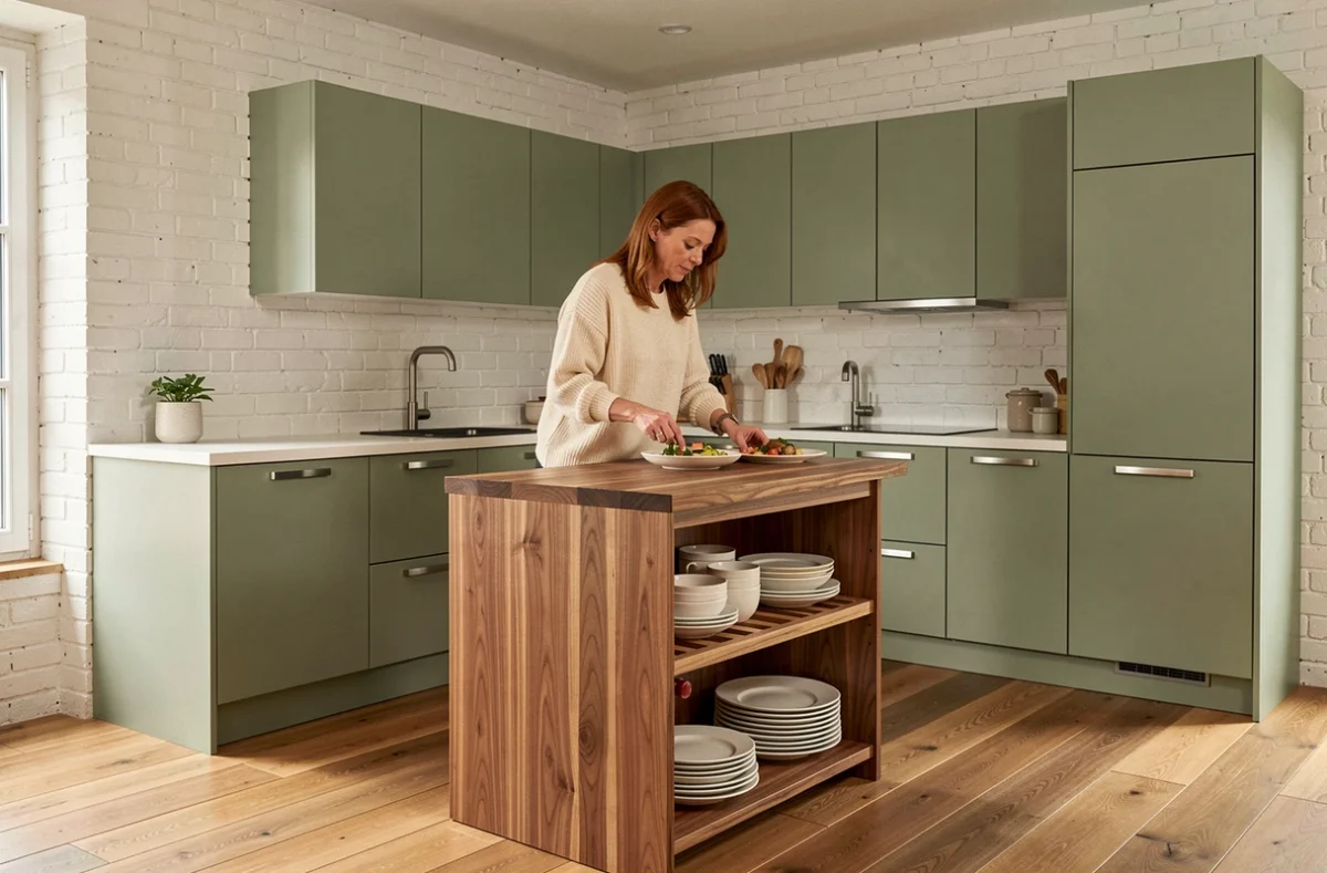 Cuisine Leicht avec caissons vert sauge mats et îlot en noyer naturel dans une maison contemporaine parisienne