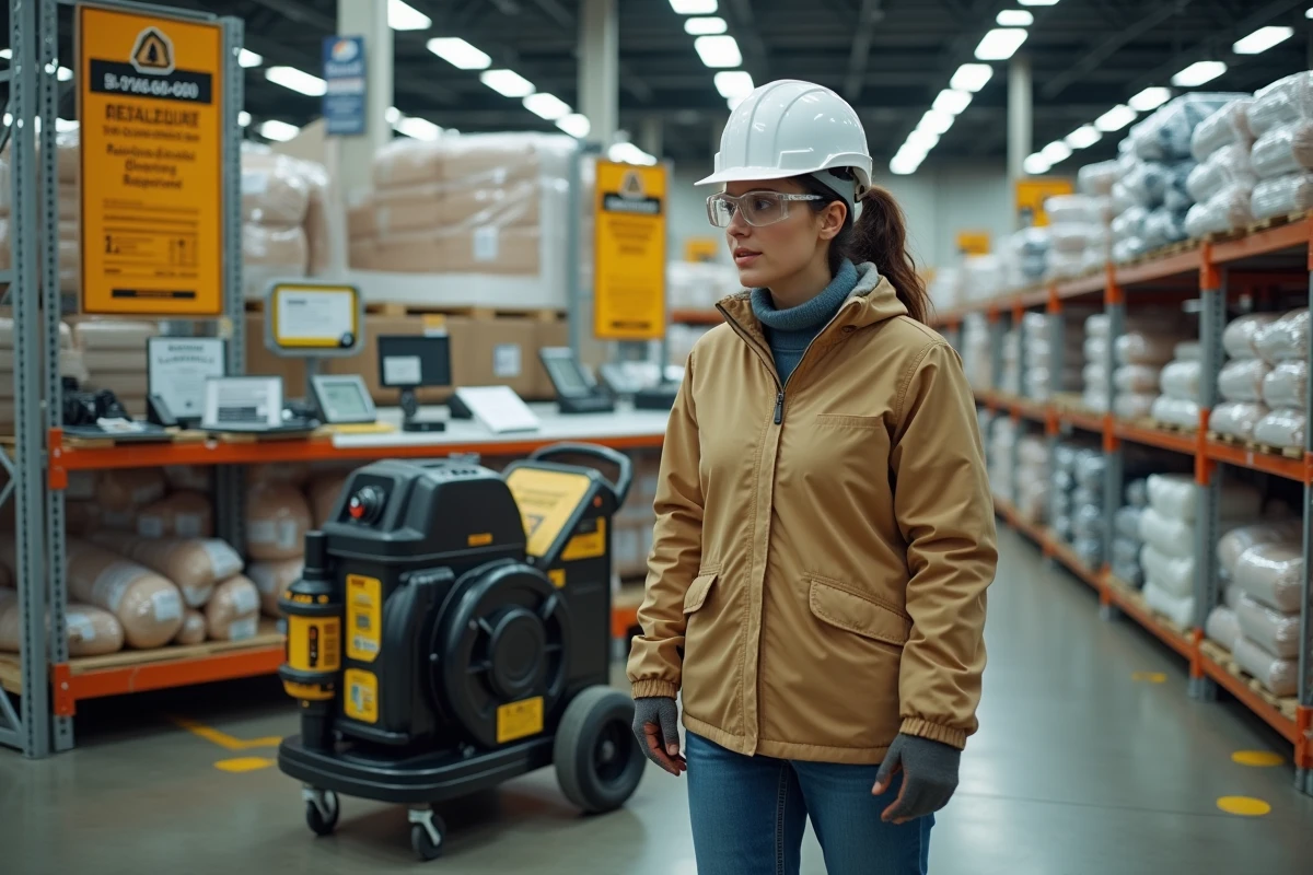 Femme consultant une souffleuse à ouate de cellulose en location dans un magasin de bricolage type Brico Dépôt