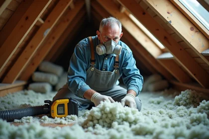 Homme utilisant une souffleuse à ouate de cellulose dans un grenier pour isoler les combles avec de la ouate en vrac