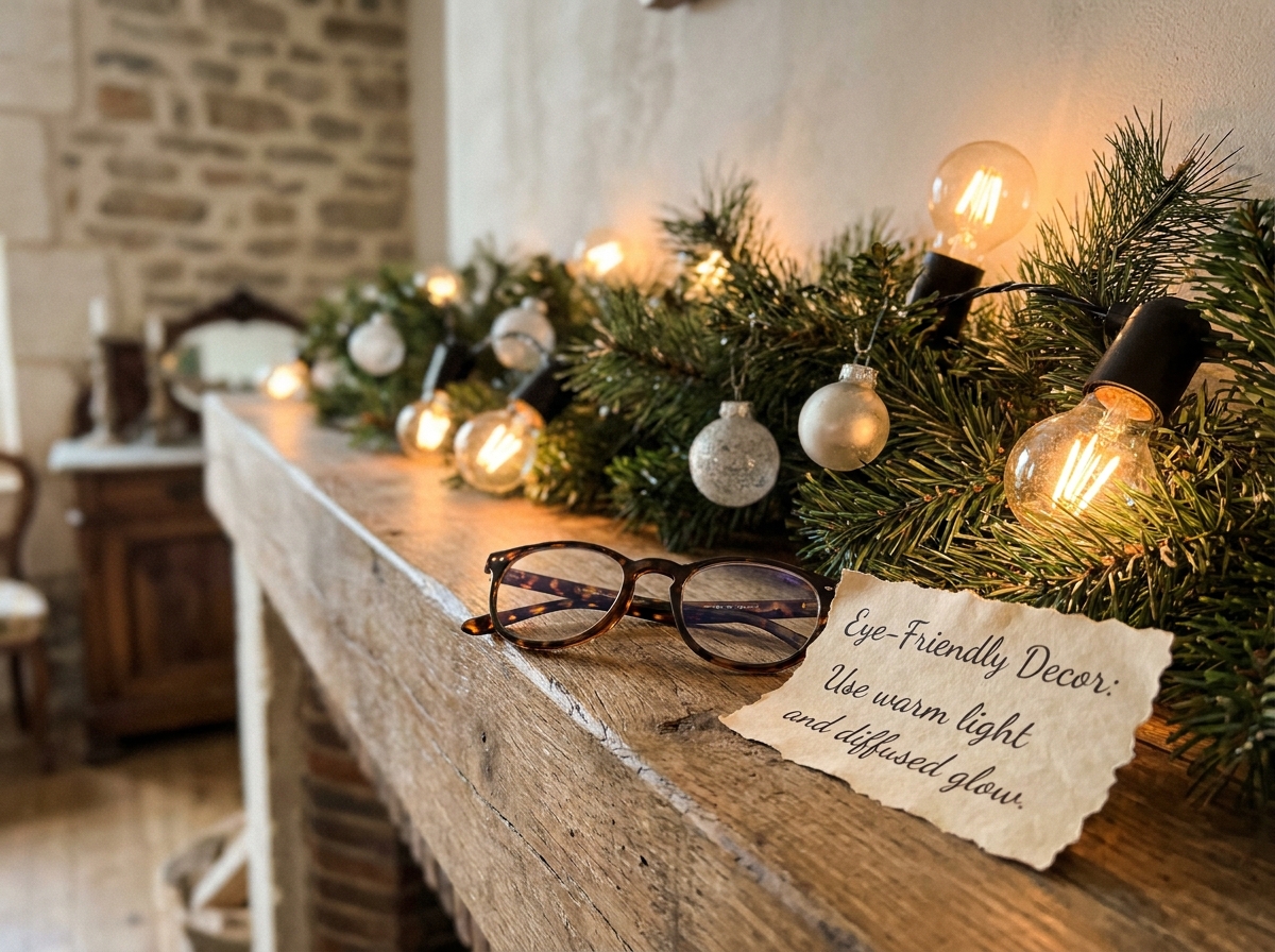 Lunettes anti-reflet posées devant une décoration de Noël avec guirlandes lumineuses pour illustrer la protection des yeux