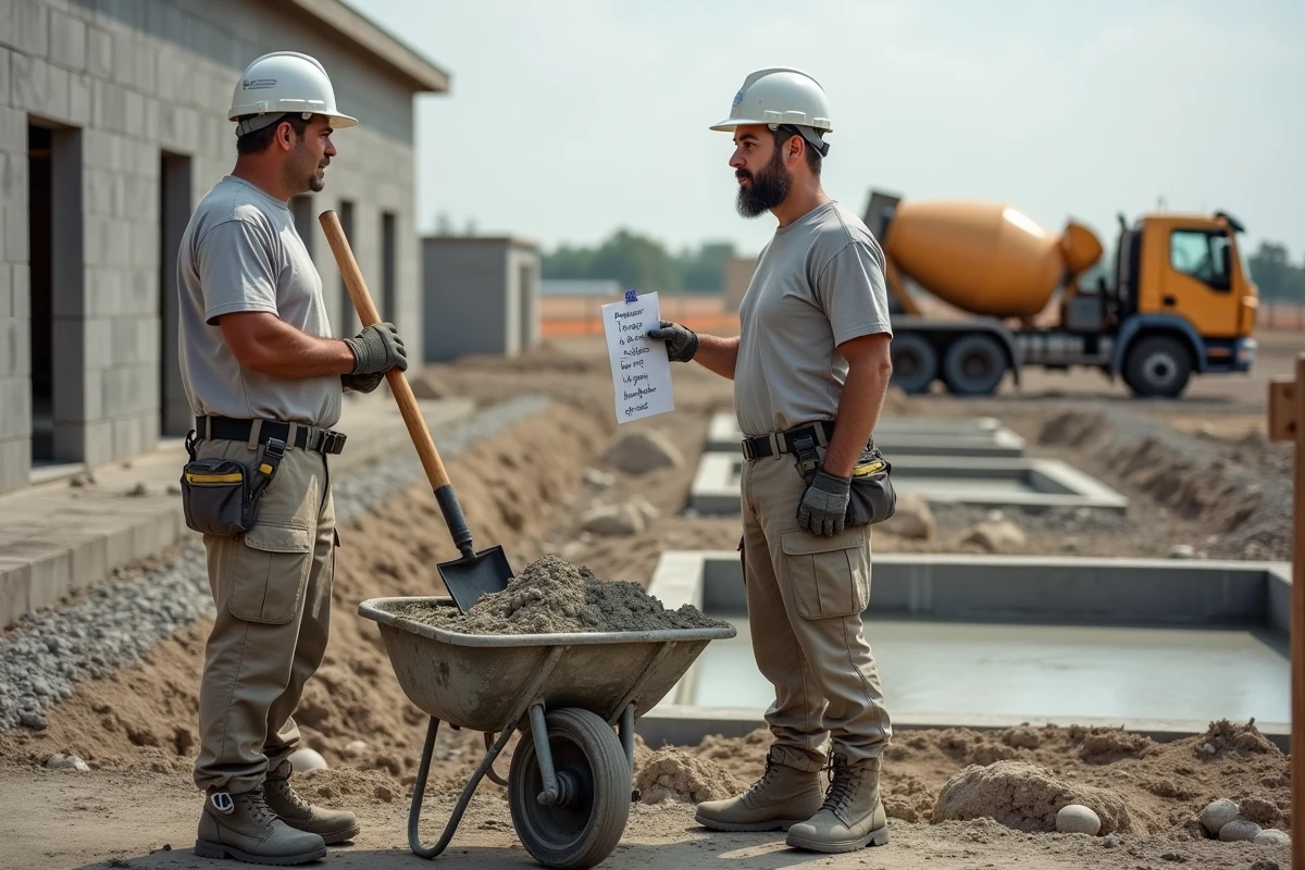 Deux maçons professionnels discutant du dosage béton à la pelle sur un chantier de fondation