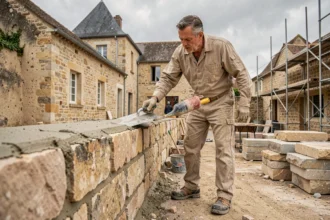 Maçon professionnel travaillant sur un chantier en Indre-et-Loire avec des pierres typiques de la région