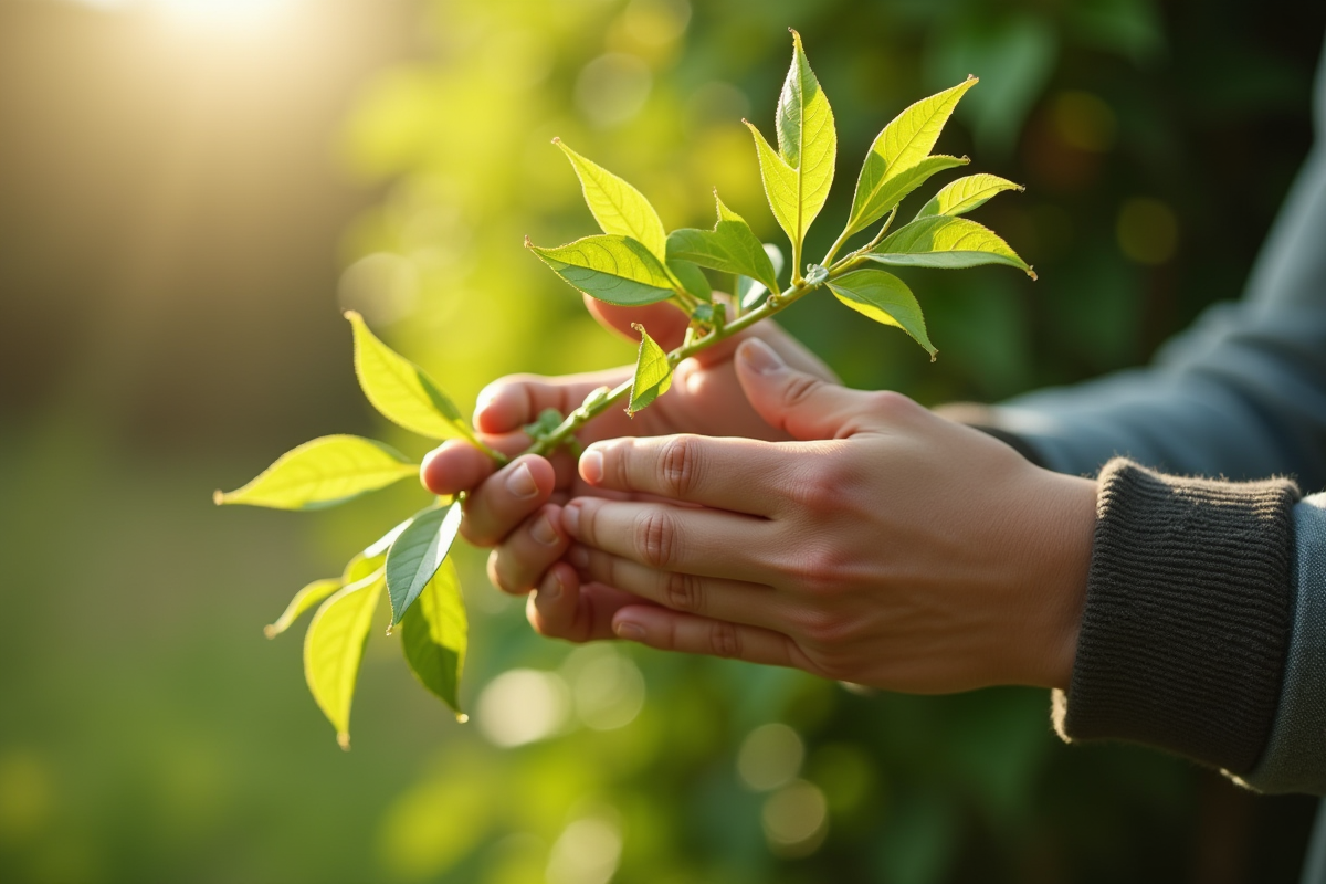 Mains de jardinier récoltant des fleurs de chèvrefeuille en extérieur