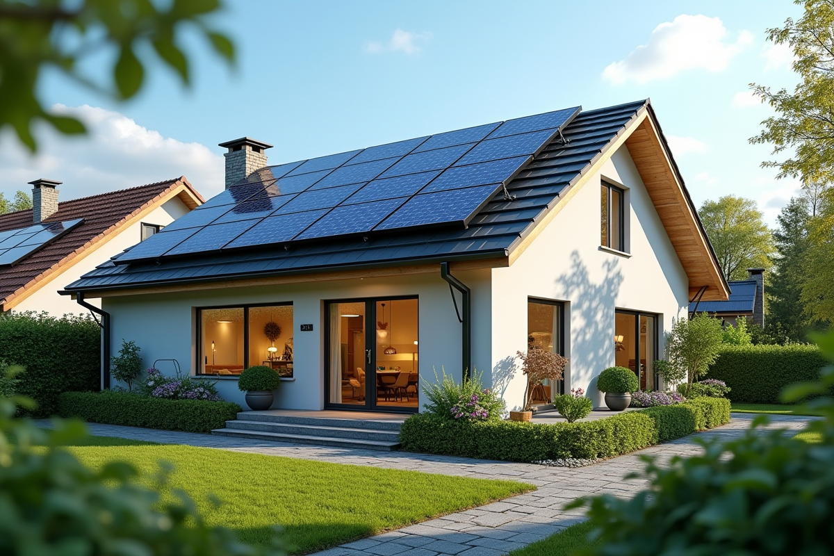 Maison avec panneaux solaires et jardin verdoyant