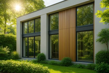 Façade moderne d'une maison avec grandes fenêtres en aluminium et bois