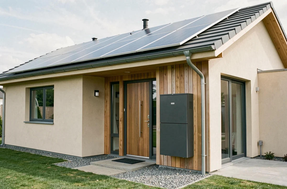 Maison individuelle équipée de panneaux solaires et d'un kit batterie en façade
