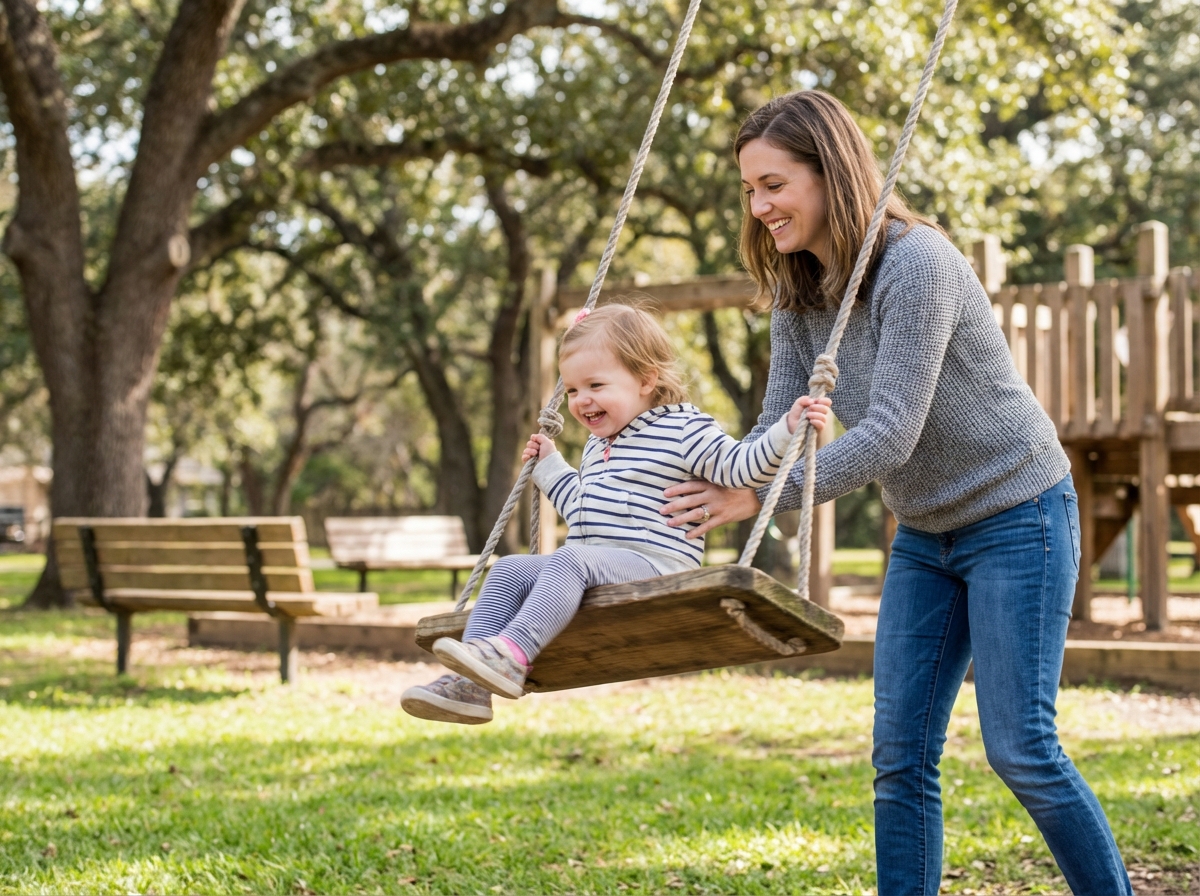 Maman pousse sa fille sur une balançoire en bois dans un parc