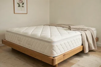 Matelas Simmons Lotus blanc sur cadre de lit en bois dans une chambre minimaliste scandinave