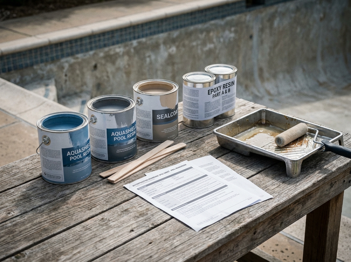 Matériel complet de rénovation d'étanchéité de piscine avec résines époxy et outils posés sur un établi en bois