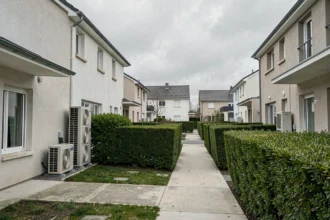 Vue grand angle d'un quartier résidentiel en Seine-Saint-Denis avec plusieurs pompes à chaleur installées sur les façades extérieures des maisons