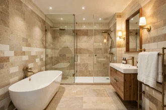 Vue panoramique d'une salle de bain moderne rénovée dans le Bas-Rhin avec baignoire îlot, douche à l'italienne et double vasque