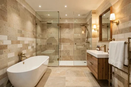Vue panoramique d'une salle de bain moderne rénovée dans le Bas-Rhin avec baignoire îlot, douche à l'italienne et double vasque