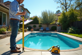 Professionnel mesurant une piscine dans un jardin ensoleille