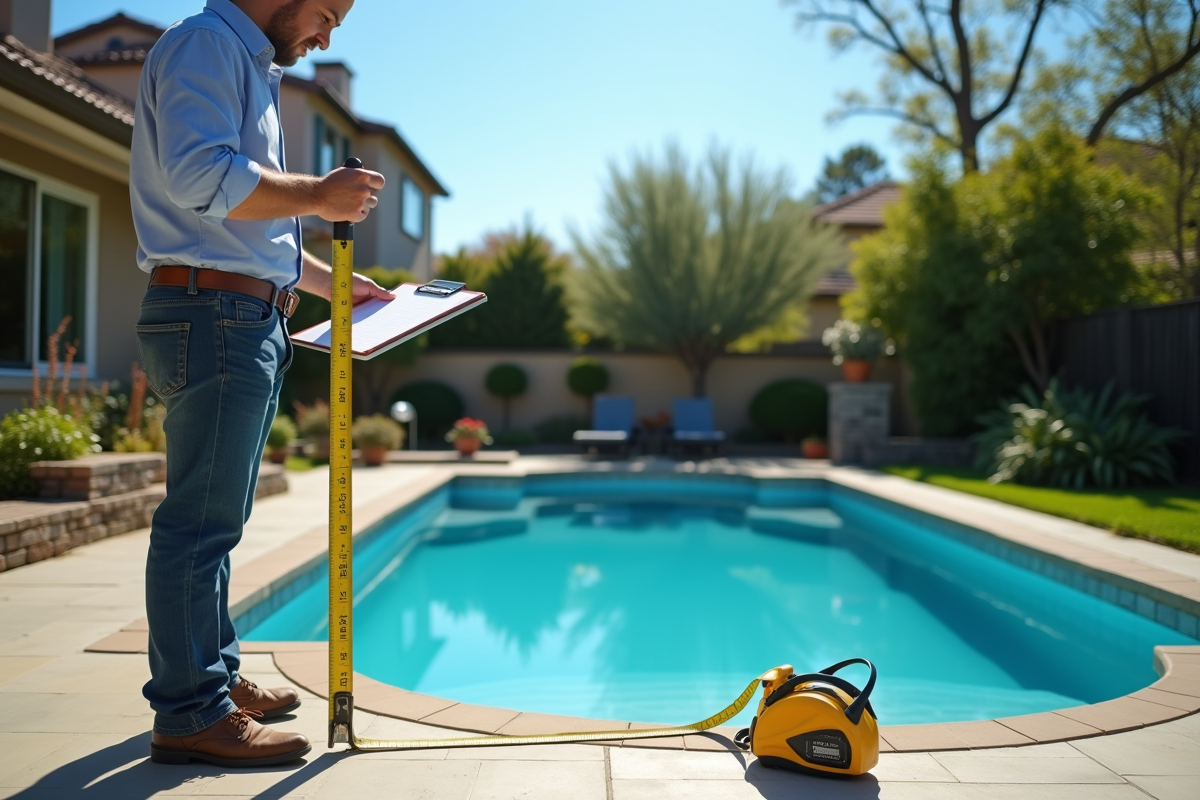 Professionnel mesurant une piscine dans un jardin ensoleille