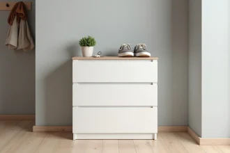 Meuble à chaussures compact blanc dans l'entrée d'un studio avec tiroirs slim et dessus bois