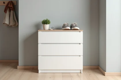 Meuble à chaussures compact blanc dans l'entrée d'un studio avec tiroirs slim et dessus bois