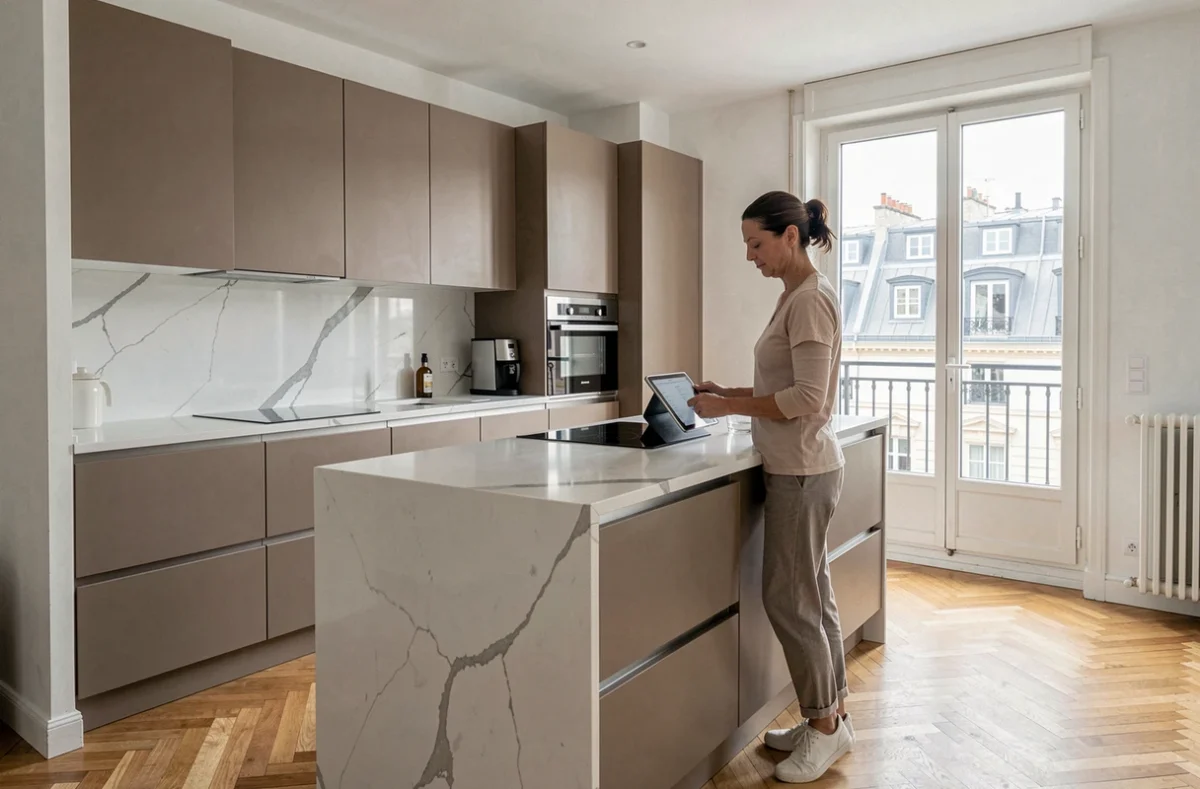 Cuisine Mobalpa installée dans un appartement parisien avec une femme consultant une tablette sur l'îlot central en quartz blanc