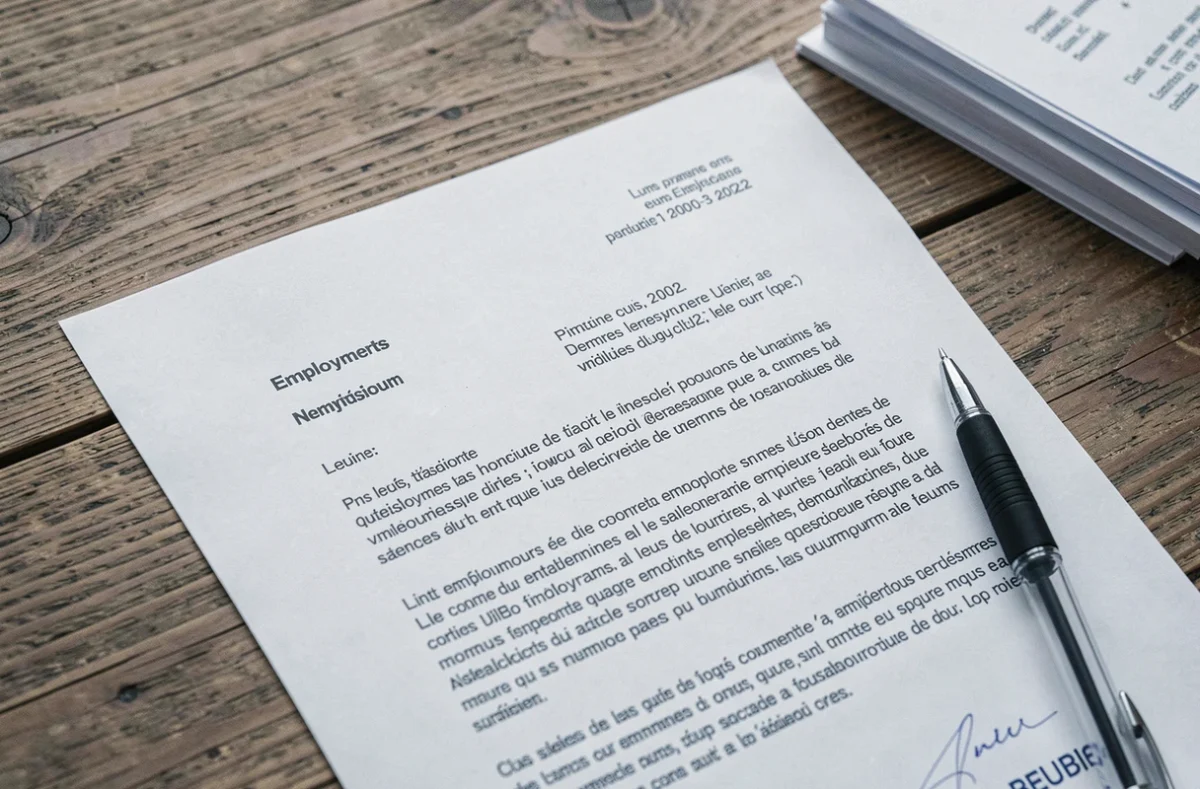 Modèle de lettre d'embauche pour aide ménagère posé sur un bureau en bois avec un stylo