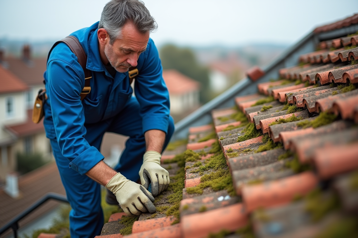 Couvreur nettoyant la mousse sur un toit en tuiles en extérieur