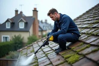 Professionnel utilisant un nettoyeur haute pression Karcher sur une toiture en ardoise pour éliminer la mousse et prévenir les infiltrations d'eau