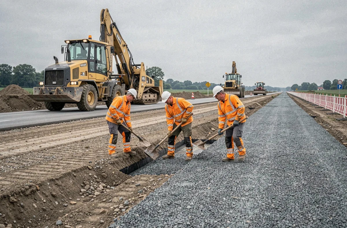 Équipe de NGE réalisant des travaux de maçonnerie VRD et de voirie sur un grand chantier d'infrastructure à Saint-Cyr-sur-Loire