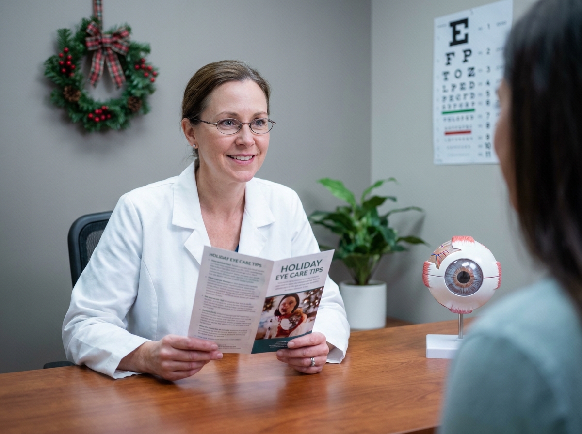 Opticienne conseillant sur la protection des yeux fragiles face aux guirlandes lumineuses pendant les fêtes de Noël