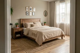 Chambre à coucher feng shui avec lit bien orienté contre un mur solide, literie en lin beige et tables de chevet symétriques