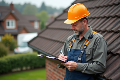 Ouvrier en tenue de sécurité remplissant un document devant un toit de maison