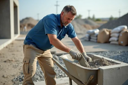 Ouvrier de construction versant du béton dans un moule
