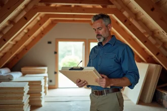 Hommes en chantier examinant une isolation en fibre de bois dans un grenier