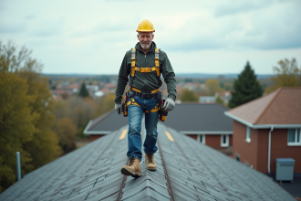 Homme en sécurité sur un toit en composites avec équipement