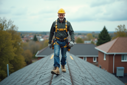 Homme en sécurité sur un toit en composites avec équipement