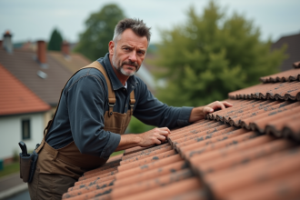 Ouvrier couvreur inspectant des tuiles en terre cuite sur le toit