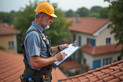 Ouvrier couvreur en travail sur le toit avec documents