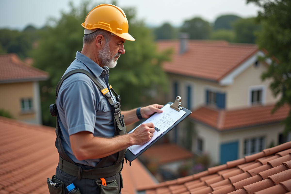 Ouvrier couvreur en travail sur le toit avec documents