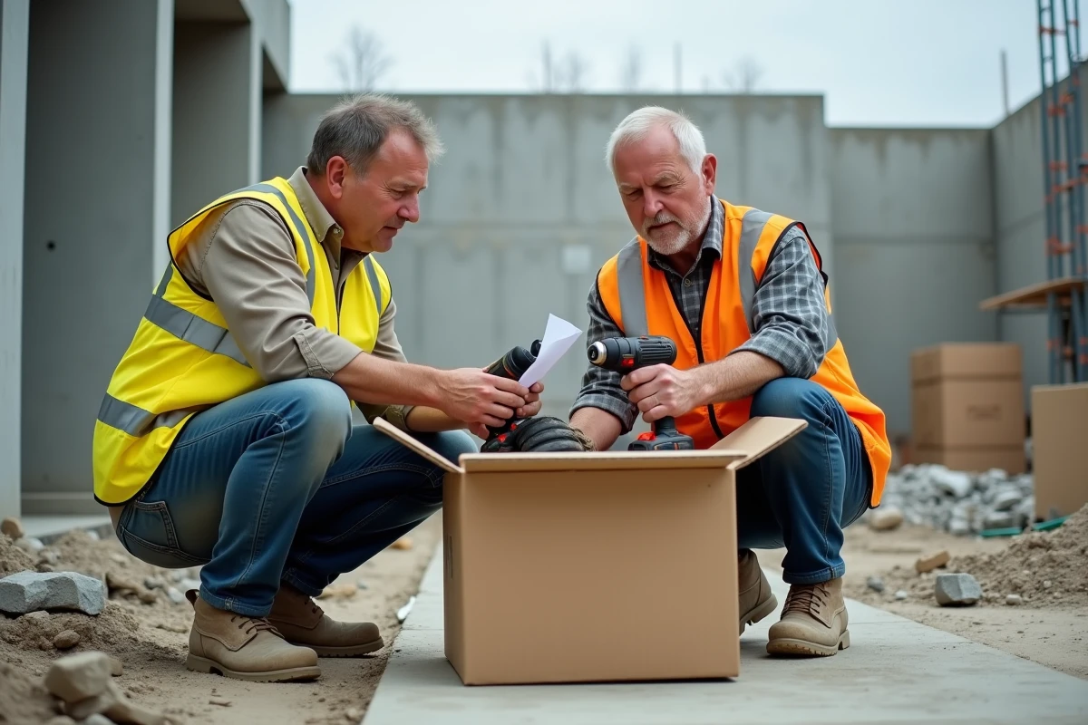 Deux ouvriers sur chantier vérifiant une livraison de matériel commandé en ligne auprès d'un fournisseur de travaux