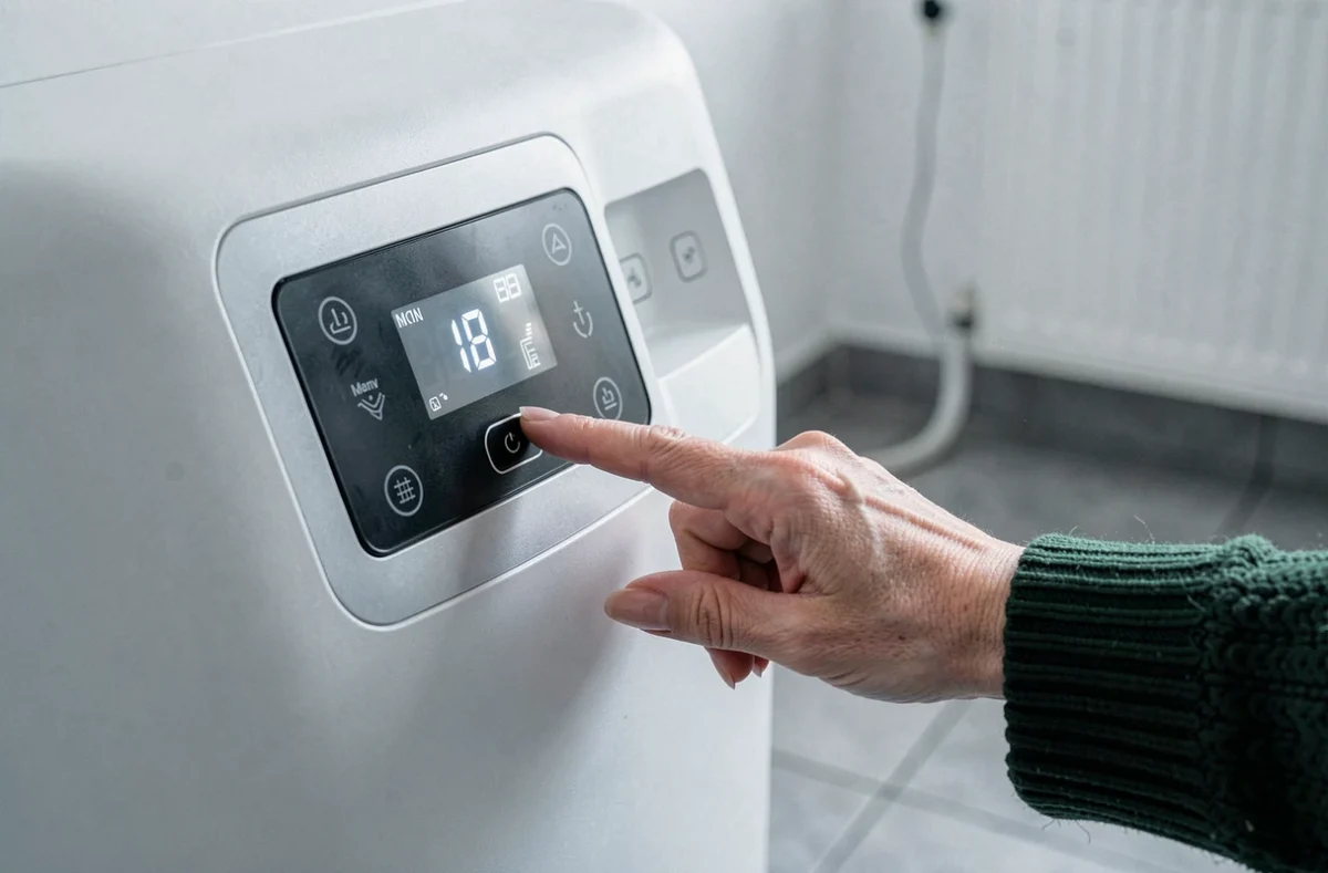 Détail du panneau de commande d'une pompe à chaleur mobile réglée dans une chambre d'appartement