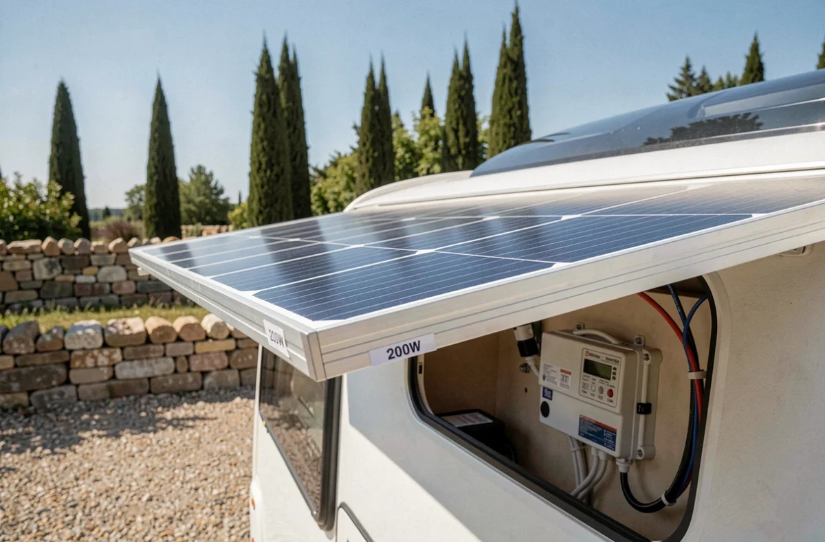 Gros plan d'un panneau solaire 200W monté sur le toit d'une caravane avec contrôleur de charge visible dans la trappe latérale