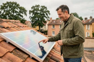 Homme examinant un panneau solaire Sunology installé sur un toit en tuiles dans un quartier résidentiel français