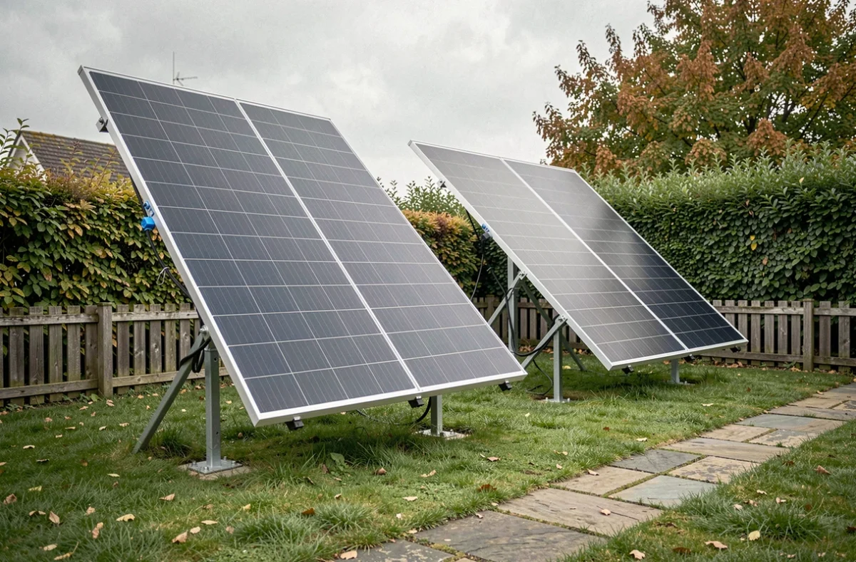 Panneaux solaires Sunology Play sur pieds installés dans un jardin résidentiel français avec pelouse et haies