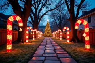 Parcours lumineux de Noël XXL dans un grand jardin avec candycanes géants, étoiles suspendues et sapin extérieur illuminé