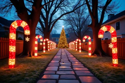 Parcours lumineux de Noël XXL dans un grand jardin avec candycanes géants, étoiles suspendues et sapin extérieur illuminé