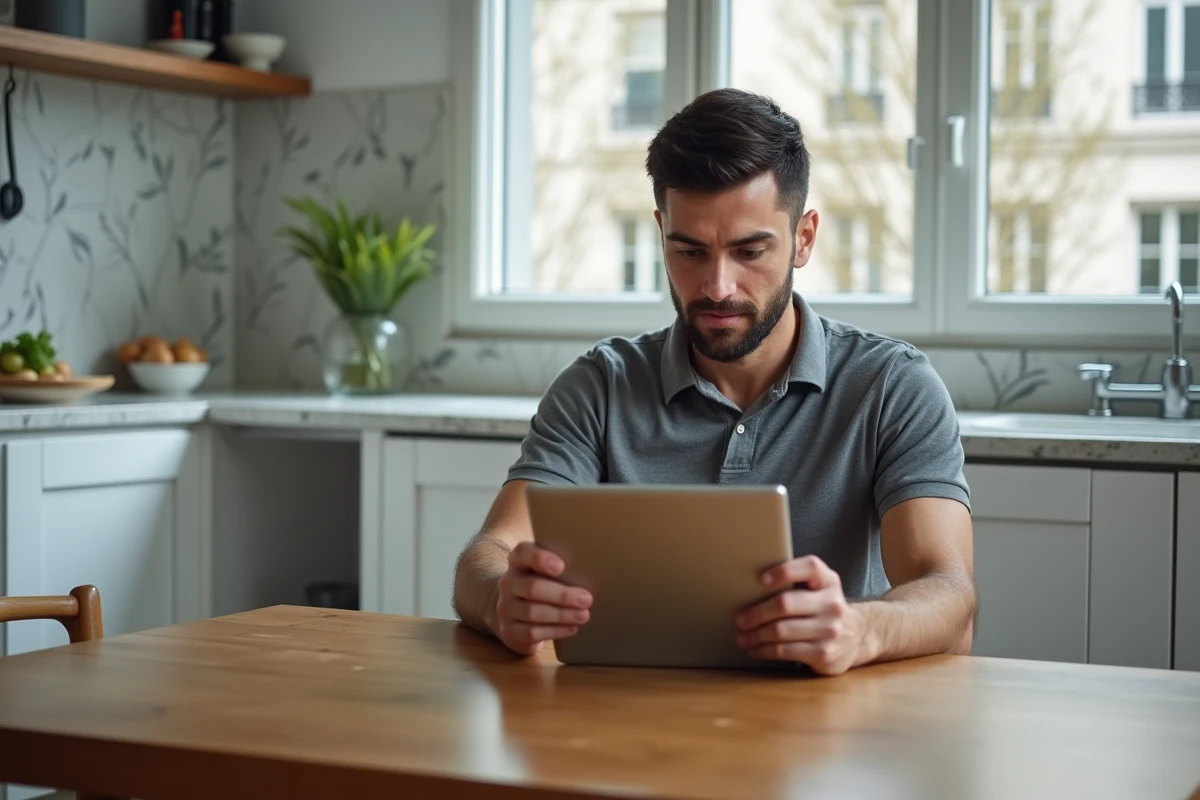 Particulier consultant la plateforme Wecassa sur tablette dans une cuisine moderne pour réserver un service à domicile