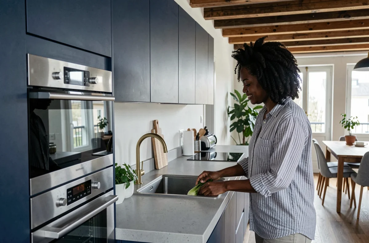 Cuisine Perene linéaire en bleu marine mat avec plan de travail en Dekton gris et robinetterie en laiton dans un appartement parisien