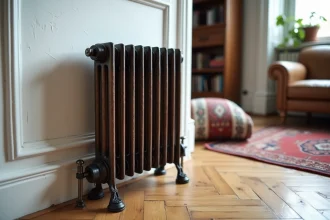Pied de radiateur fonte décoratif style industriel sur parquet en bois dans un appartement haussmannien