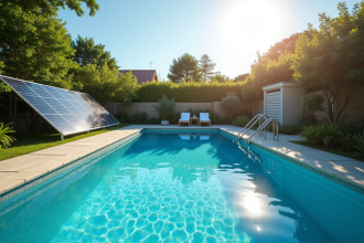 Piscine extérieure avec panneaux solaires et jardin vert