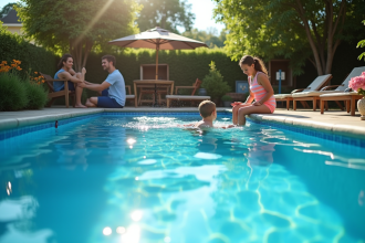 Piscine bleue brillante dans le jardin en été avec famille