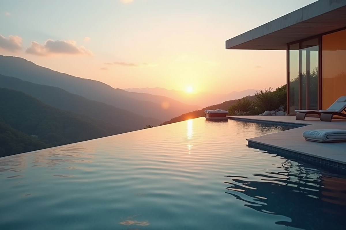Piscine à débordement au coucher de soleil