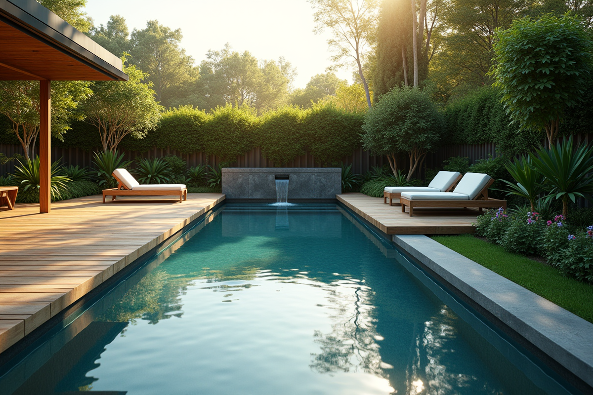 Piscine design dans jardin luxuriant au matin